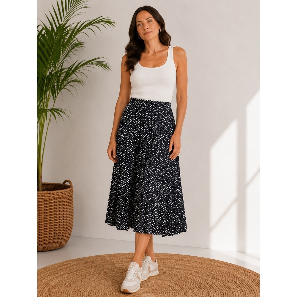 Leslie Fay Pleated Midi Skirt Polka Dot Black White 12 Vtg Mod Parisian Office